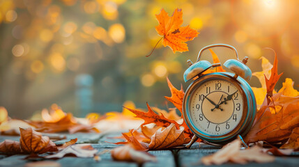 Vintage clock amidst autumn leaves depicting change and the concept of time.