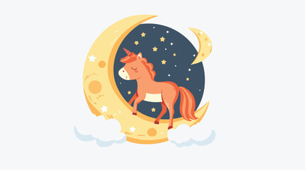 Cute horse is on the moon. flat vector isolated on white