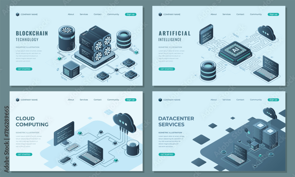 Poster set of isometric landing page template. modern technology concept for datacenter with server, artifi