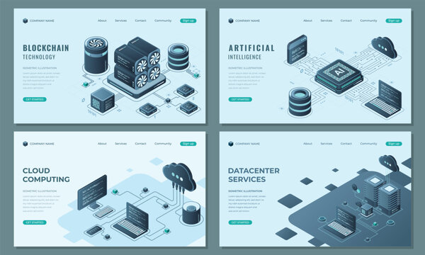 Set of isometric landing page template. Modern technology concept for datacenter with server, artificial intelligence, and blockchain technology