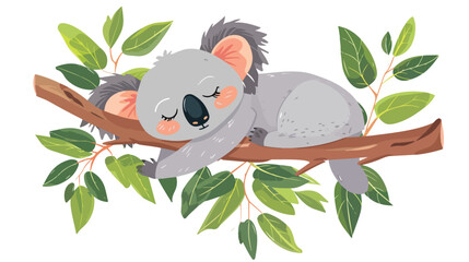 Cute Koala Sleeping in Branch of Eucalyptus Vector Illustration