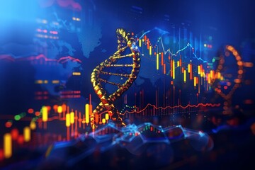 DNA double helix entwined with a stock chart, symbolizing the genetic code of financial markets - obrazy, fototapety, plakaty