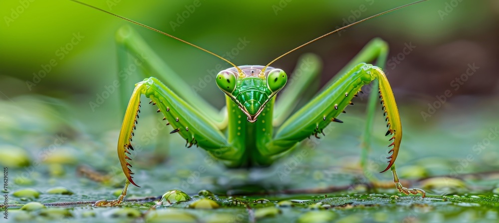 Poster detailed close up view of a praying mantis depicted in a precise macro photograph