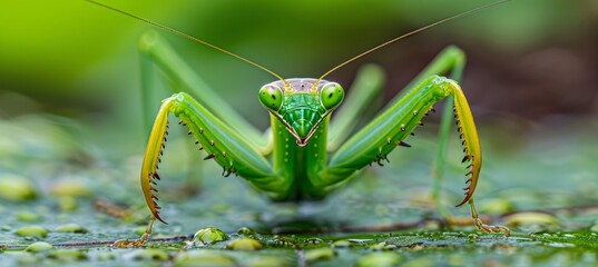 Detailed close up view of a praying mantis depicted in a precise macro photograph - obrazy, fototapety, plakaty