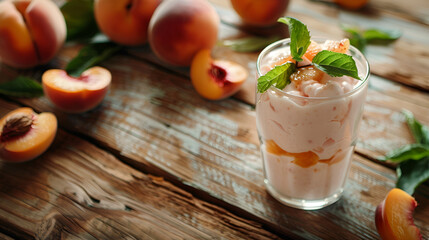 Healthy apricot smoothies with fresh fruits and flax seeds, in glass bottles, rustic kitchen table background,Healthy peach milkshake in a glass jar, milkshake in glass,