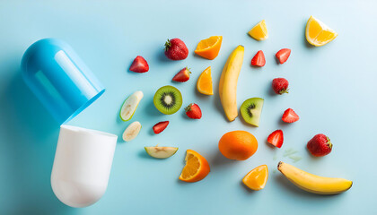 Natural Vitamins: Various Fruits outside from Pharmaceutical Capsule, Food and Natural Supplements Concept, Orange, apple, banana, kiwi, lemon, strawberry - obrazy, fototapety, plakaty