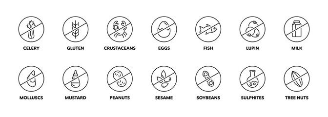 Food allergens vector icons set