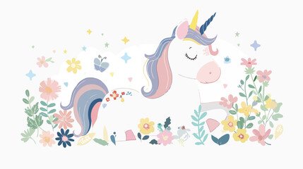 Cute magical unicorn and Flowers. Vector design isolated