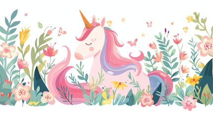 Cute magical unicorn and Flowers. Vector design isolated