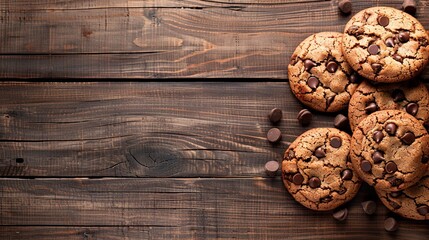 Stack of chocolate chip cookies on wood table, staple food, baked goods