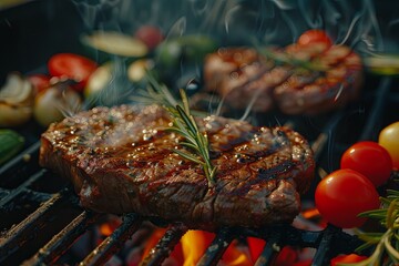 Grilling Carne asada steak with vegetables for a delicious meal - obrazy, fototapety, plakaty