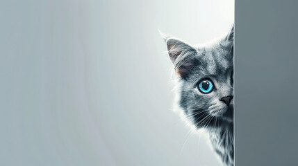a cute grey cat with blue eyes peeking behind the wall, simple design concept, solid background color with copyspace.