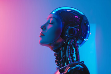 Futuristic digital technology image of woman robot. Science and artificial intelligence technology, innovation and futuristic Machine learning and cognitive computing concept