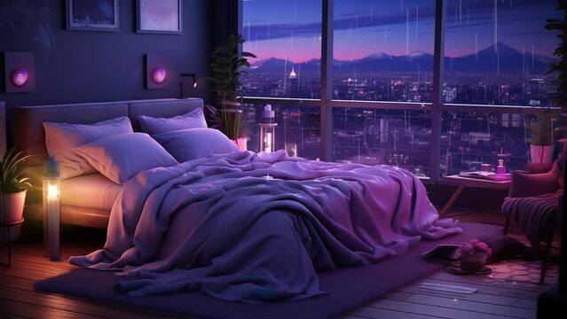 Lofi chill space with rain for relaxation. Warm and inviting ambiance.