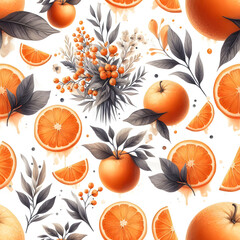 Seamless Lemon and Orange pattern with tropic fruits, leaves, flowers background. Hand drawn illustration in watercolor style for summer romantic cover, tropical wallpaper, vintage texture