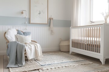 Fototapeta na wymiar Wooden crib, chair, rug, and window in an interior designed nursery