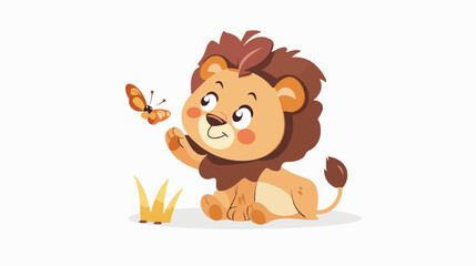 Cute playful Lion playing with Butterfly Vector Illustration