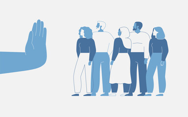 Discrimination in the workplace. Restricting or closing borders to global diversity and immigration. Human hand shows stop gesture for crowd of people. Vector illustration