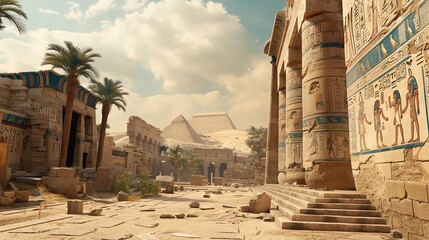 AR exploration of ancient Egypt, vivid graphics overlay, midday, pointofview shot