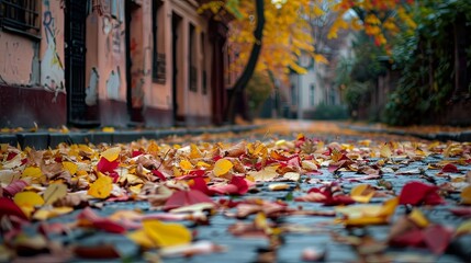 Autumn leaves blanket the cobblestone street in the morning