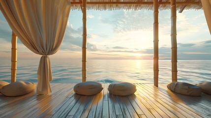 Bamboo yoga studio on beach, panoramic sea view, tranquil dawn, wide angle