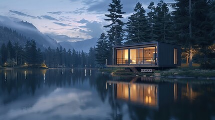 Compact smart cabin by lakeside, reflection on water, dusk, horizontal panorama