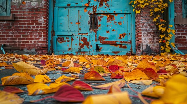 Visual arts scene a pile of leaves by a blue door