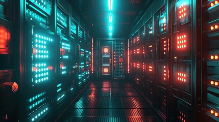 Quantum computing security room, glowing qubits, dim ambient lighting, frontal view, secure tech atmosphere - obrazy, fototapety, plakaty
