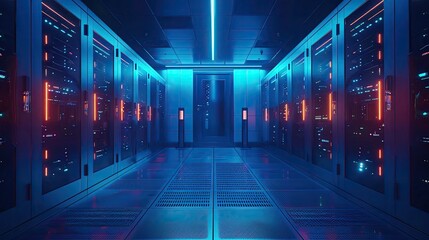 Quantum computing security room, glowing qubits, dim ambient lighting, frontal view, secure tech atmosphere - obrazy, fototapety, plakaty