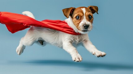 Funny superhero puppy in costume flying on blue background, creating a super dog illusion