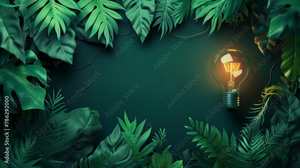 Wall mural sustainable energy concept with light bulb, green leaves, plants, and consumption infographics - Wall murals