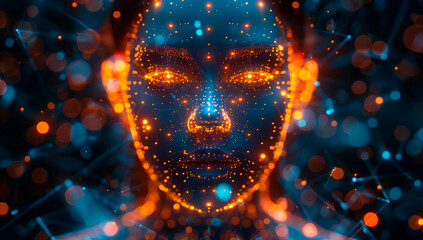 3D illustration of a hologram AI head floating in the center surrounded by glowing data streams and digital symbols