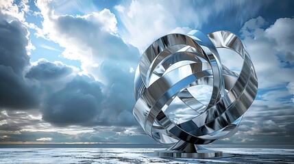 Energy innovations with abstract kinetic wind sculptures, stormy backdrop, dynamic skies