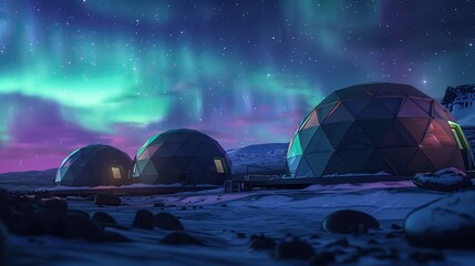Arctic accommodations, geodesic domes, northern lights display, night, wide angle