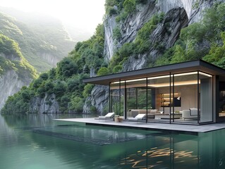 House on lake with mountain backdrop in stunning natural landscape