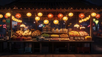 Vibrant food stalls at night market, lanterns above, front view