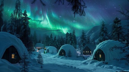 Snowy igloo village, Northern Lights above, serene night, wide shot - obrazy, fototapety, plakaty