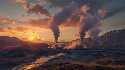 Geothermal plant in volcanic region, steam vents, sunset, wide shot