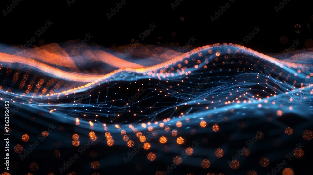 Poster Technology abstract illustration with dots and lines. Low poly shape on a dark background. 3D rendering. Big data visualization.