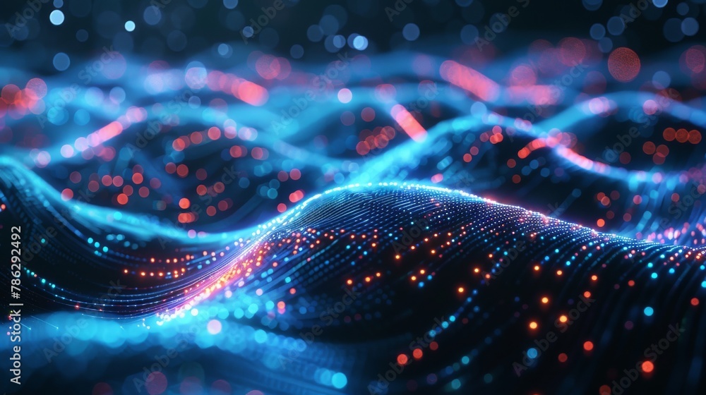 Poster Conceptual illustration illustrating data technology abstractly on a dark background with dots and lines. 3D rendering. Data visualisation. Big data...
