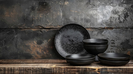 Contemporary black ceramic plates and bowls on a rustic backdrop