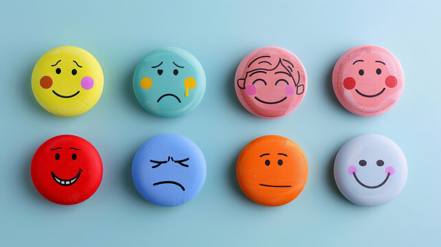 Expressive round icons capture a spectrum of emotions on a powder blue canvas
