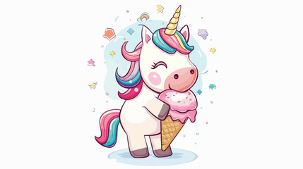 Cute unicorn cartoon hug giant ice cream sweet dessert