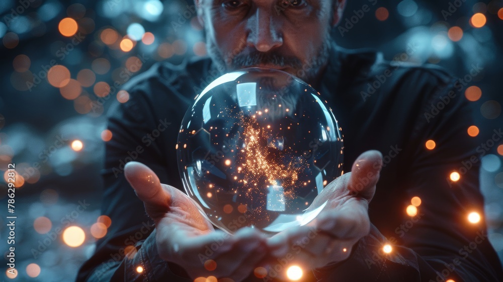 Poster Using holograms data, digital sphere 3D rendering of a businessman on a blurry background.