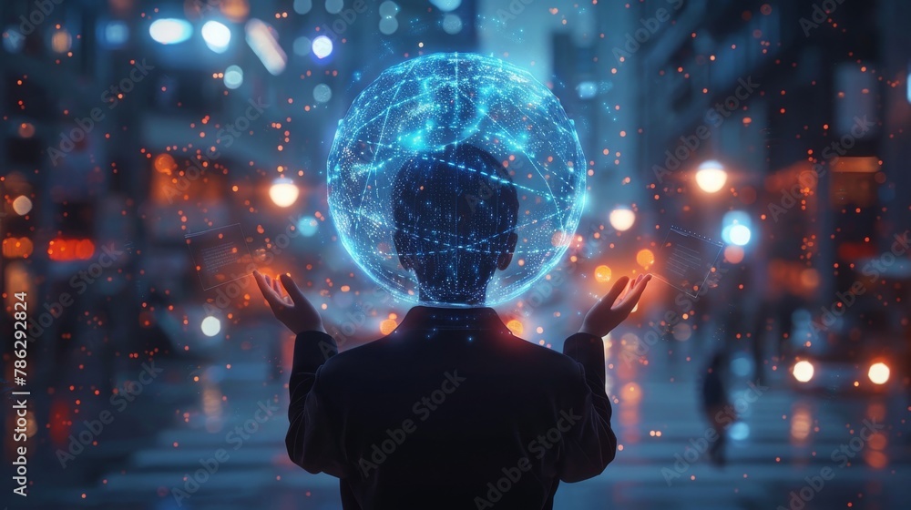 Leinwandbilder a blurry businessman is using hologram data to render a digital sphere in 3d