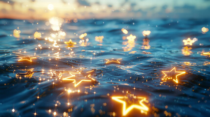 Luminous stars of yellow hue floating on an azure sea in a midsummer daydream - obrazy, fototapety, plakaty
