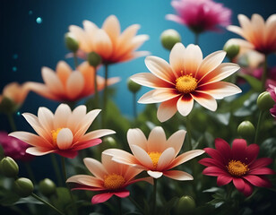 Pink and yellow flowers in close up. Floral background