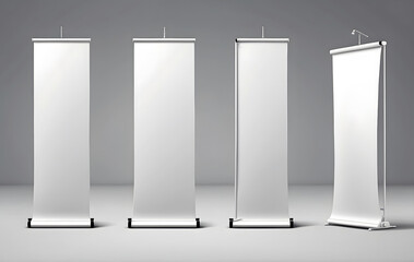 A row of white roll-up banners on a gray background, Blank vertical roll-up banner stand vector mockup
