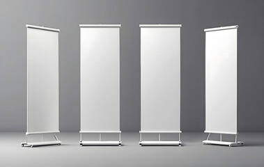 A row of white roll-up banners on a gray background, Blank vertical roll-up banner stand vector mockup