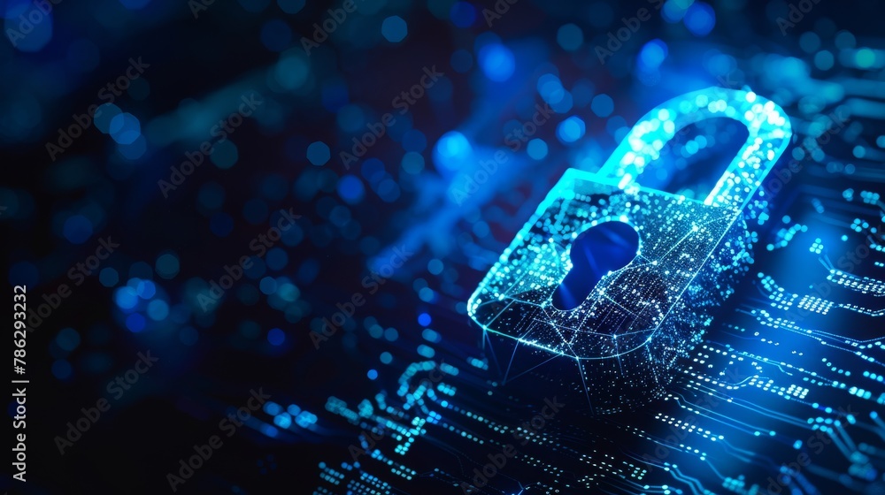 Poster Data security padlock on data mass. Internet security lock information privacy low polygonal technology network business concept.